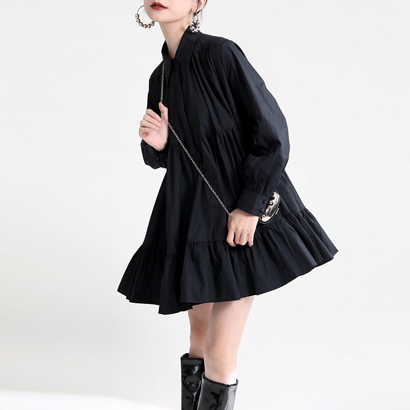 Zhongchuang daily 2023 spring vintage long sleeve shirt dress designer large swing loose solid color skirt Black - Image 1