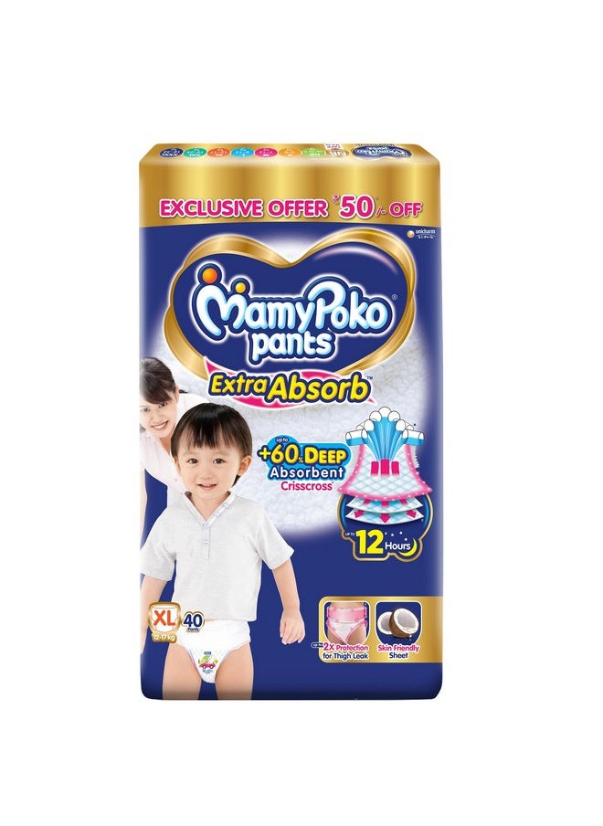 MamyPoko Pants Extra Absorb Baby Diapers X-Large (Xl), 40 Count, 12-17 Kg 