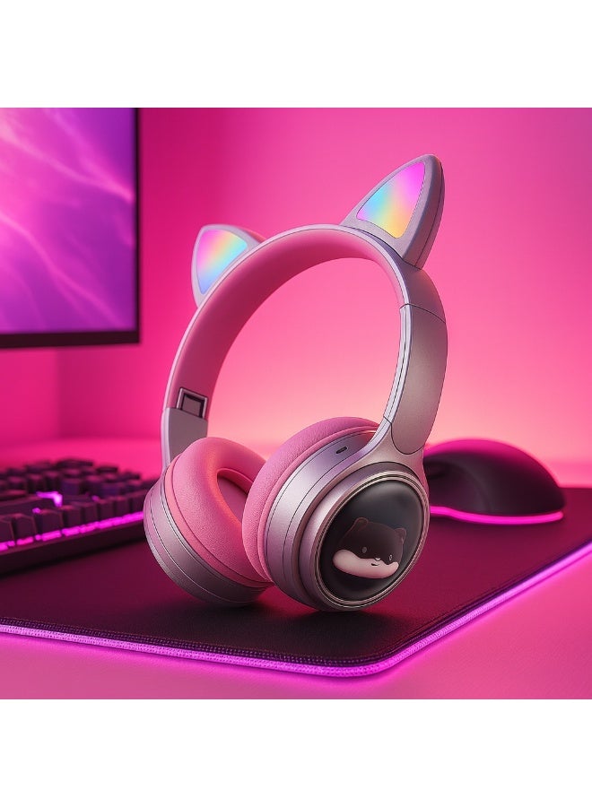 M31 Wireless Bluetooth Headphones – 6D Stereo Sound – RGB Lighting – Comfortable and Foldable Design – Gray x pink - Image 5