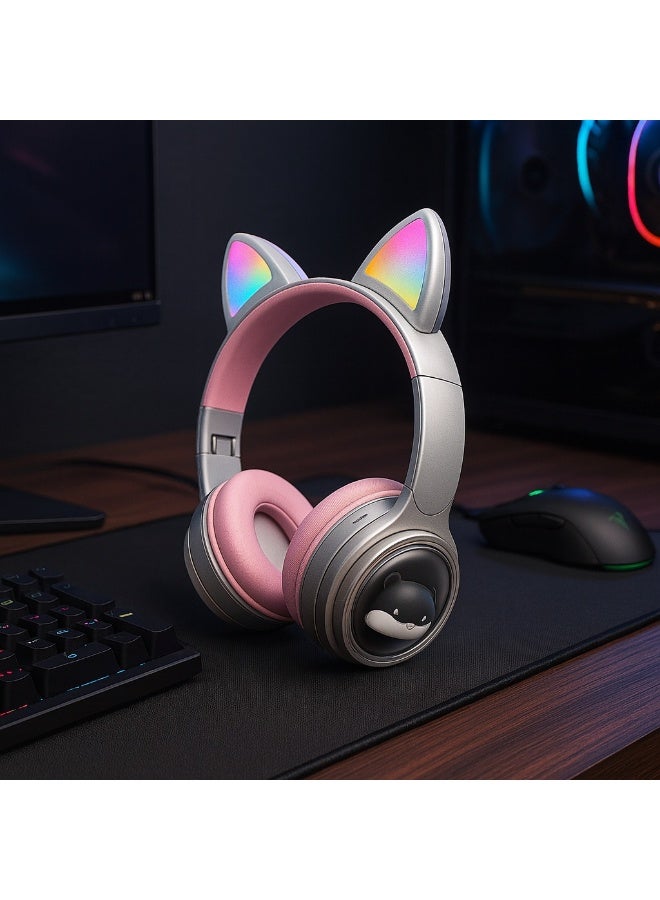 M31 Wireless Bluetooth Headphones – 6D Stereo Sound – RGB Lighting – Comfortable and Foldable Design – Gray x pink - Image 2