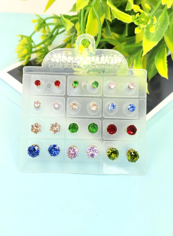 Shivarth AD Stone 12 Multicolor Stud Earrings For Women | Earrings Combo Set Latest Stylish Crystal Stones Earrings for Women and Girls - Image 3