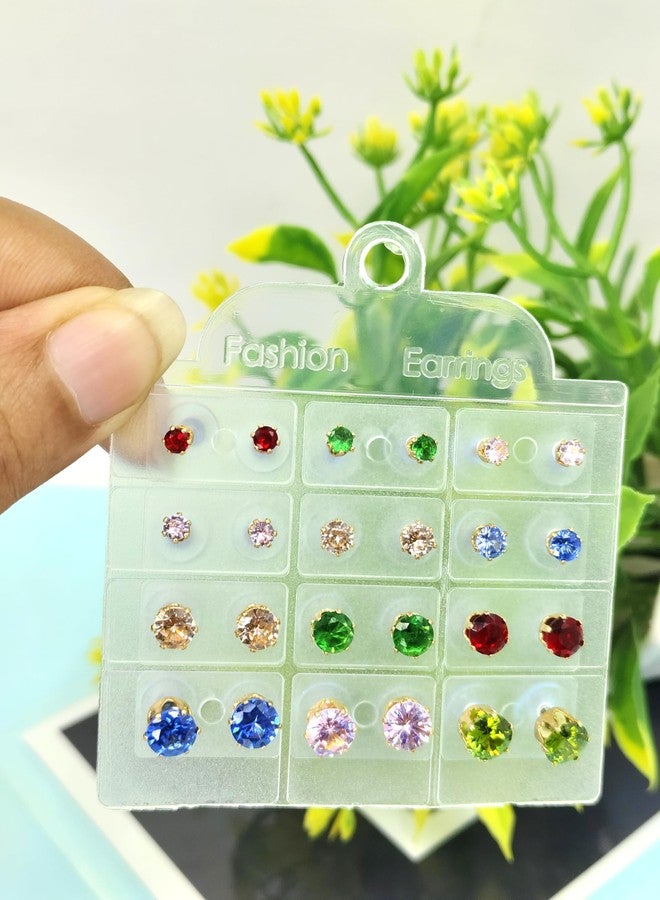 Shivarth AD Stone 12 Multicolor Stud Earrings For Women | Earrings Combo Set Latest Stylish Crystal Stones Earrings for Women and Girls - Image 2