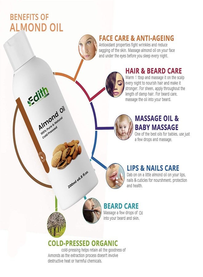 EDITH زيت اللوز الحلو المعصور على البارد من إديث ناتشورالز لنمو البشرة والشعر - 200 مل | زيت لوز نقي لتدليك بشرة الوجه | غني بفيتامين هـ | زيت اللوز لشعر ناعم ولامع وخالٍ من القشرة - Image 3