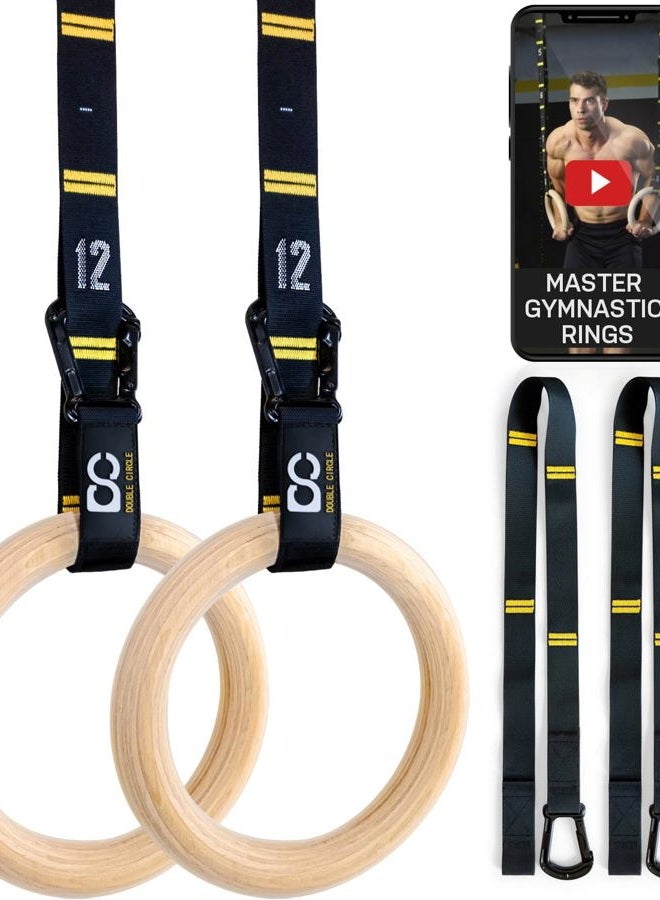 Double Circle Wood Gymnastic Rings with Quick Adjust Numbered Straps and Exercise Videos Guide - Full Body Workout - Calisthenics - Home Gym (Rings & Straps - Extra Long) - Image 1