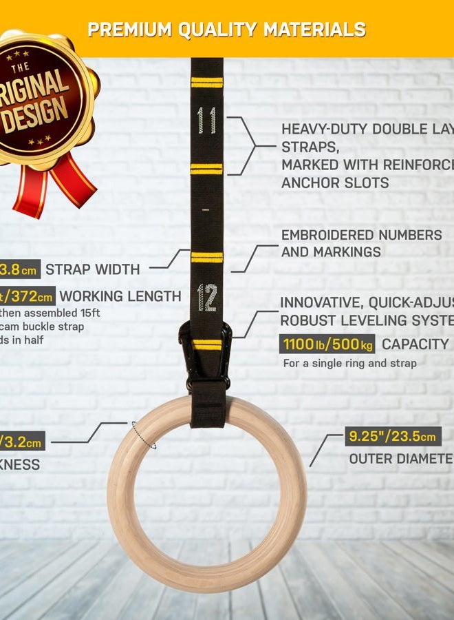Double Circle Wood Gymnastic Rings with Quick Adjust Numbered Straps and Exercise Videos Guide - Full Body Workout - Calisthenics - Home Gym (Rings & Straps - Extra Long) - Image 4
