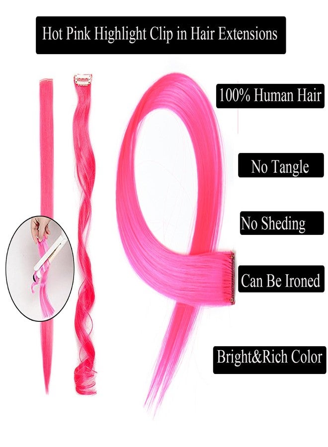 Funyn 18 Inch High light Clip in Human Hair Extensions 100% Straight Clip on Party Highlights Colored Hair Extensions 6 Pieces/set (Hot Pink) - Image 3