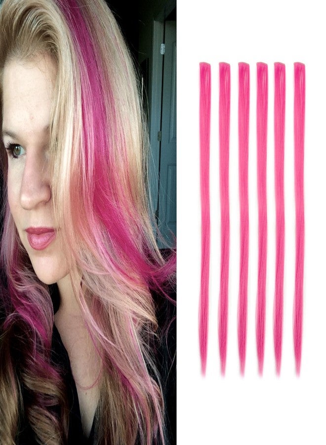 Funyn 18 Inch High light Clip in Human Hair Extensions 100% Straight Clip on Party Highlights Colored Hair Extensions 6 Pieces/set (Hot Pink) - Image 1