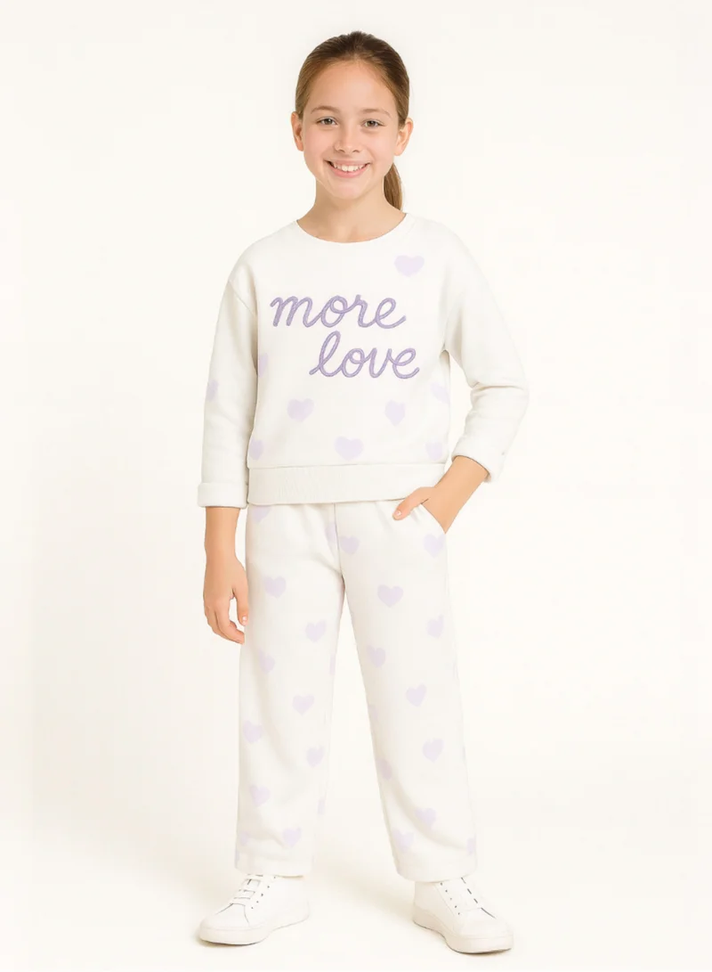 victor and jane Girls More Love Heart-Print Fleece Tracksuit – Cream &amp; Lavender 2-Piece Set