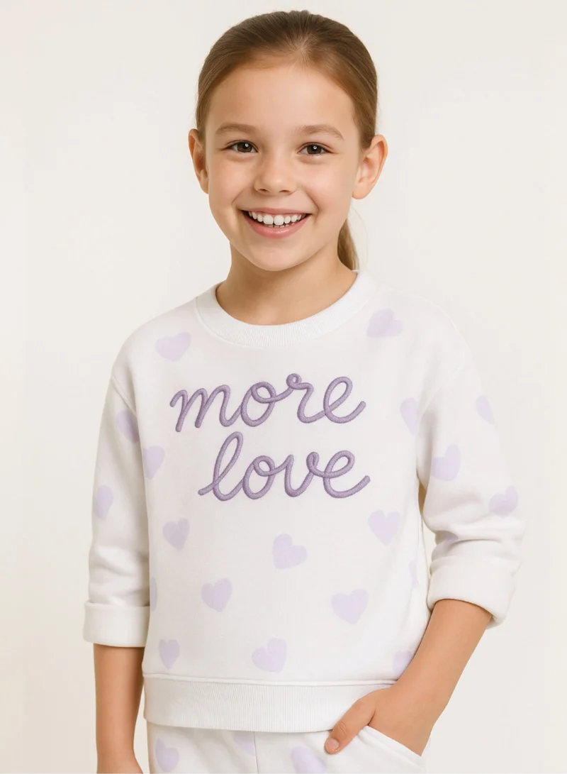 victor and jane Girls More Love Heart-Print Fleece Tracksuit – Cream &amp; Lavender 2-Piece Set