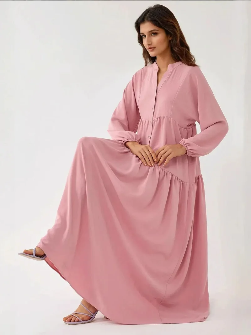 HICCUP Textured V-Neck Maxi Dress with Button Detail