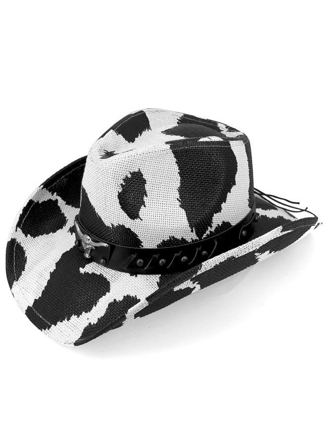 Foeran Western Cowboy Hat for Men's or Women's，Straw Cowgirl Hat with Unique Metalbull Head Black White Cow Hatband - Image 1