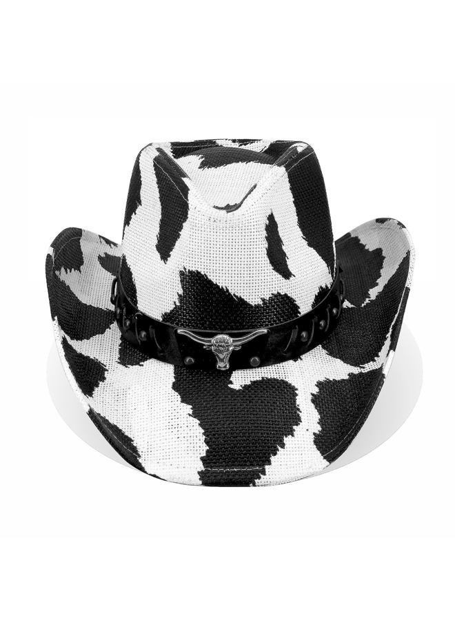 Foeran Western Cowboy Hat for Men's or Women's，Straw Cowgirl Hat with Unique Metalbull Head Black White Cow Hatband - Image 2