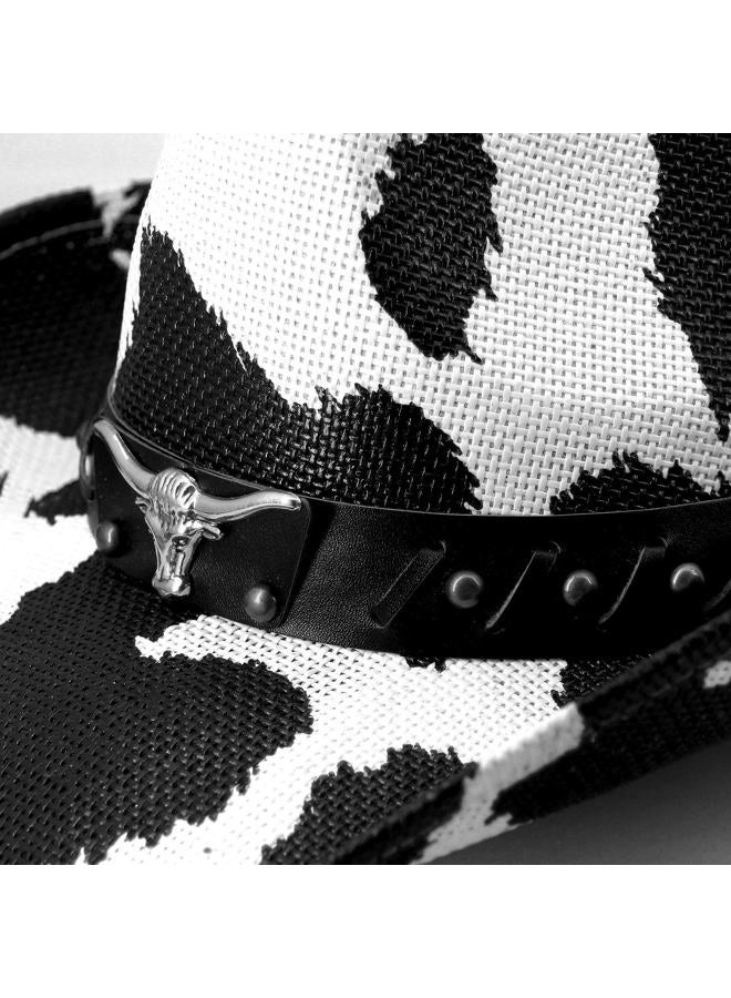 Foeran Western Cowboy Hat for Men's or Women's，Straw Cowgirl Hat with Unique Metalbull Head Black White Cow Hatband - Image 5