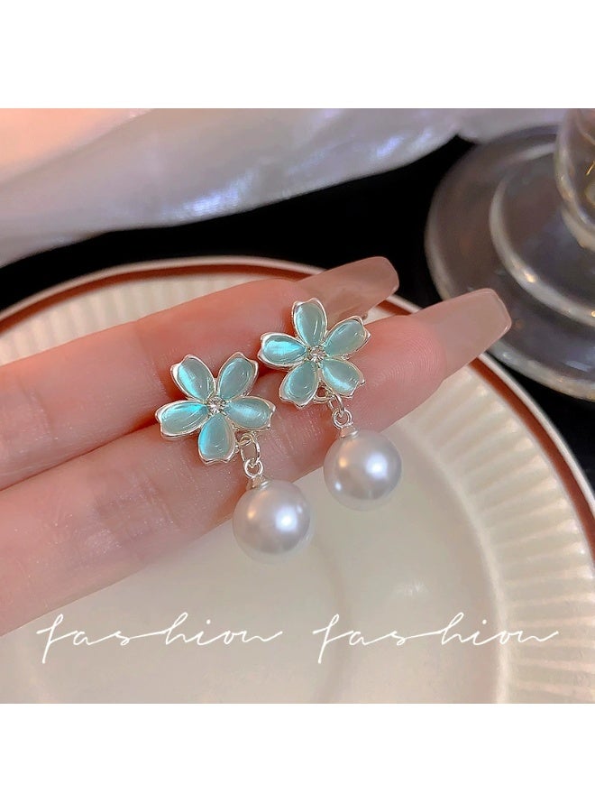 Goolsky Women's S925 Silver Needle Flower Pearl Stud Earrings - Niche Unique Design Mint Green Temperament Earrings - Image 5