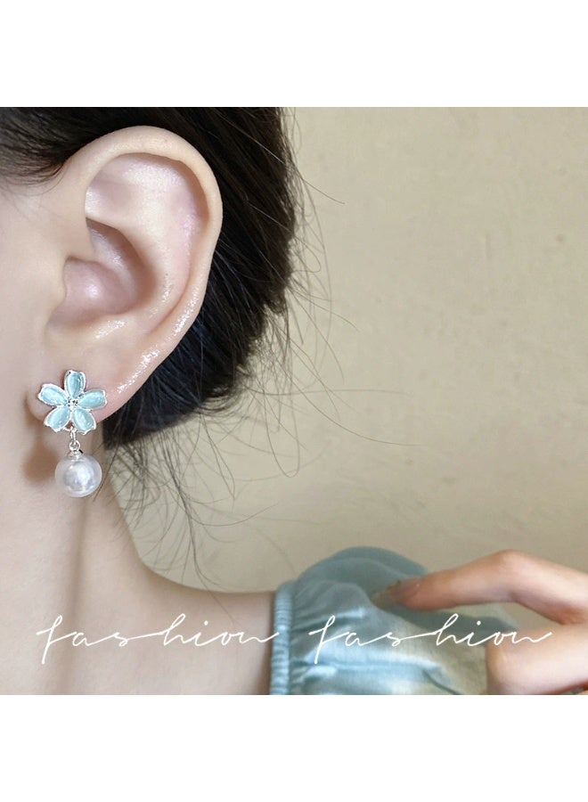 Goolsky Women's S925 Silver Needle Flower Pearl Stud Earrings - Niche Unique Design Mint Green Temperament Earrings - Image 4