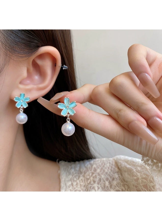 Goolsky Women's S925 Silver Needle Flower Pearl Stud Earrings - Niche Unique Design Mint Green Temperament Earrings - Image 1