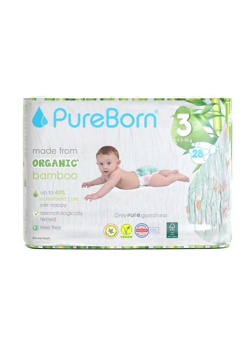 PureBorn Organic Baby Tape Style Diapers Size-3 5.5 -8 kg Daisy Print 28 Diapers  - Image 1