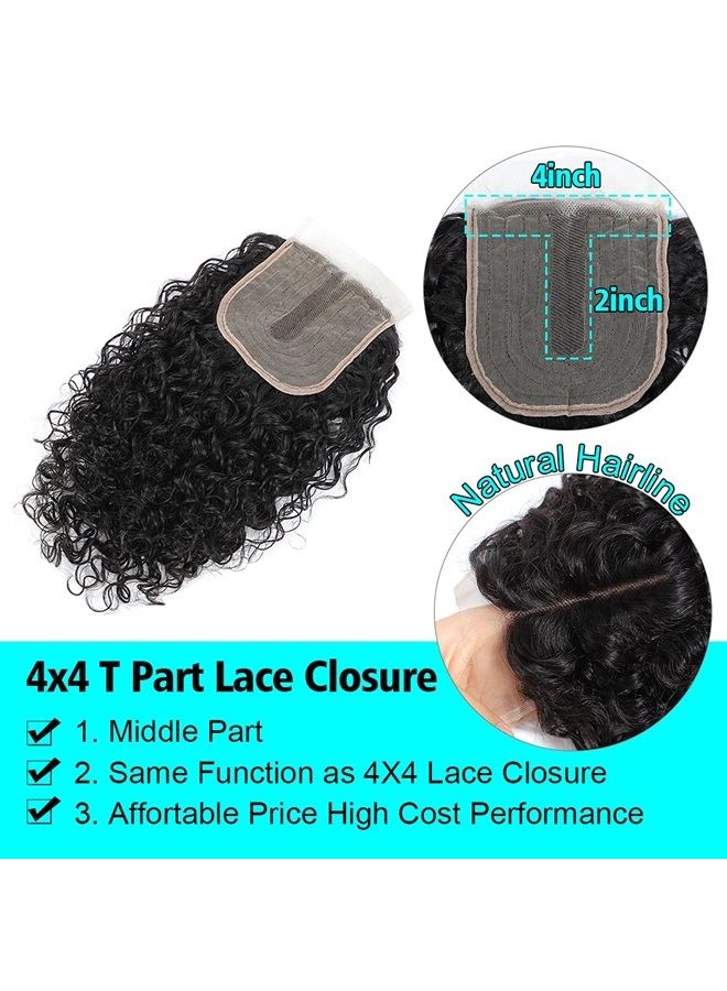 UDU Water Wave Bundles with T Part Lace Closure UDU 12A Wet and Wavy Human Hair Bundles with Closure 100% Unprocessed Human Hair Extensions Short Curly Remy Hair Weft with Middle Part Closure 50g/bundle