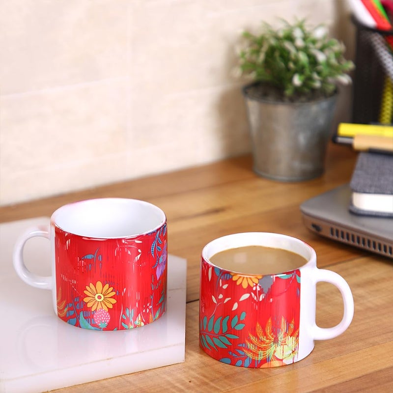 PentaDeco Ceramic Mugs with Floral Print 160ml Set of 2 Red and White - Image 1