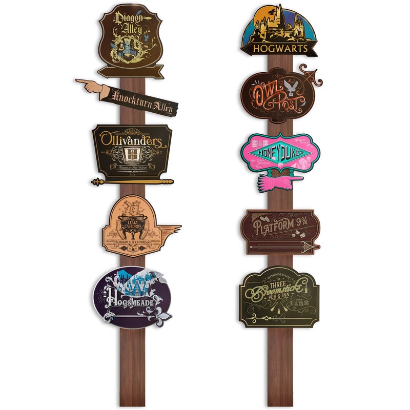 Conquest Journals Harry Potter Wizarding World Directional Sign Set, Officially Licensed, 12 Pieces, 10 6'' x 9'' Location Signs & 2 48'' Posts, Cardstock, Party Decorations or Home Decor - Image 1