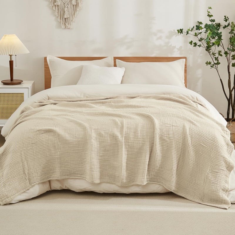 EMME Cotton Blanket King Size for Bed Soft Muslin Blankets 108"x90" Light Tan Lightweight Breathable Layering Bedspread Coverlet All Season Gauze - Image 1