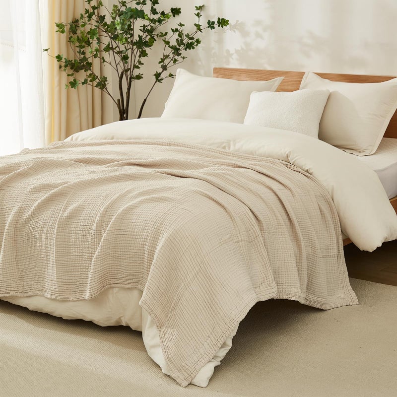 EMME Cotton Blanket King Size for Bed Soft Muslin Blankets 108"x90" Light Tan Lightweight Breathable Layering Bedspread Coverlet All Season Gauze - Image 5