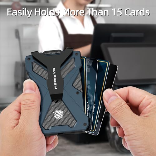 Oaridey Minimalist Wallet for Men- Slim Aluminum Metal Money Clip Wallet with Clear ID Card Holder, Carbon Fiber Wallet, RFID Blocking, Holds up 15 Cards with Cash Clip, Ultra-Thin Tactical Wallet-Navy Blue - Image 5
