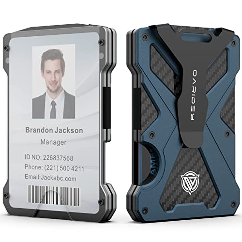 Oaridey Minimalist Wallet for Men- Slim Aluminum Metal Money Clip Wallet with Clear ID Card Holder, Carbon Fiber Wallet, RFID Blocking, Holds up 15 Cards with Cash Clip, Ultra-Thin Tactical Wallet-Navy Blue - Image 1