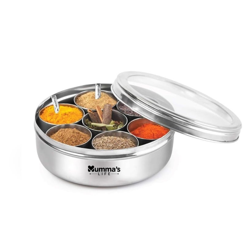 Mumma's LIFE Mumma's LIFE- Masala Box With 7 Bowl And 1 Small Spoon Stainless Steel Ring Shape Masala (Spice) Box/Dabba/Organiser 1 Piece Spice Set (Stainless Steel), Blue-Violet  - Image 1