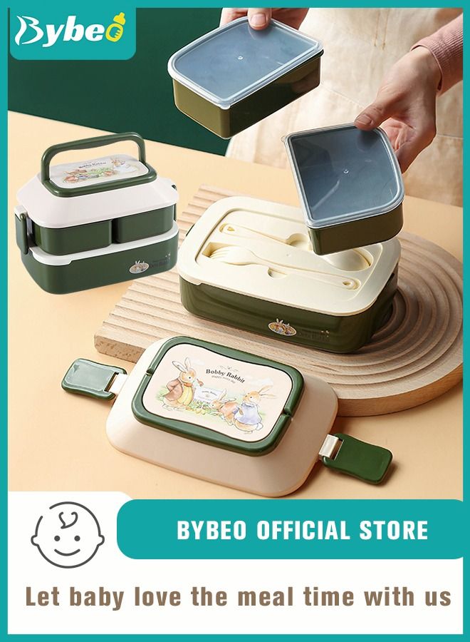 Bybeo Lunch Box Robust Snack Containers with Spoon Fork Utensils Set 2 layers - 3 Compartments - Image 1