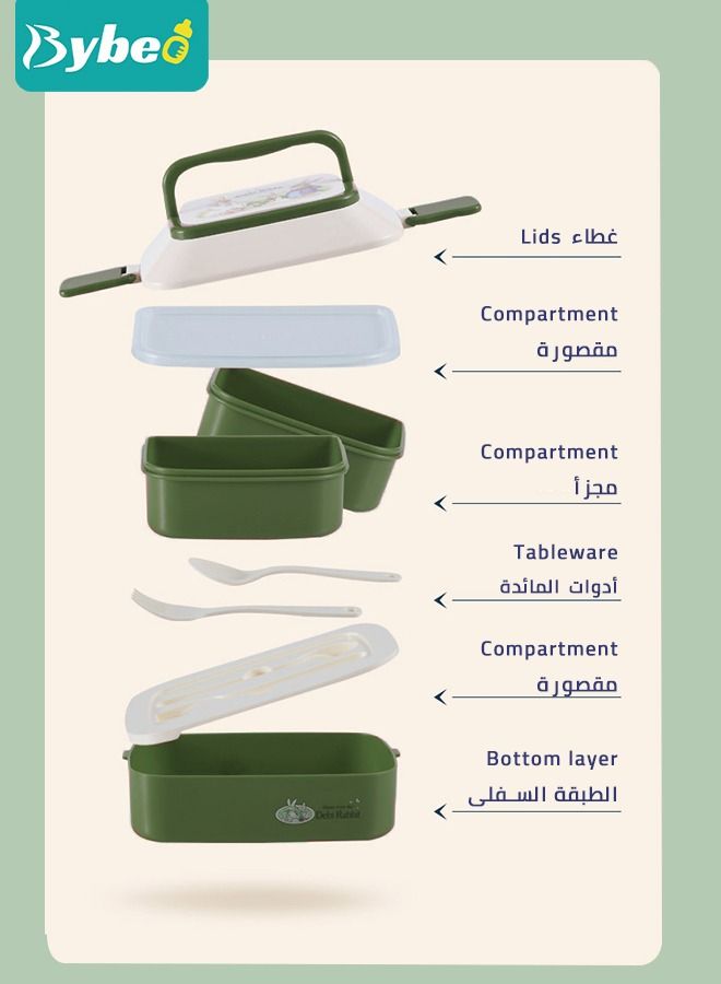 Bybeo Lunch Box Robust Snack Containers with Spoon Fork Utensils Set 2 layers - 3 Compartments - Image 3