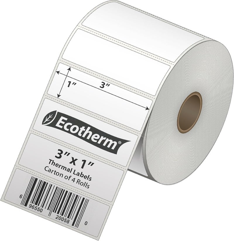 Ecotherm 3" x 1" Thermal Labels | 4 Rolls | 5240 Labels | fits Zebra, Munbyn, Rollo, Godex, Arkscan, iDPRT, Offnova Thermal Label Printers and More | Blank White Adhesive Stickers by - Image 3