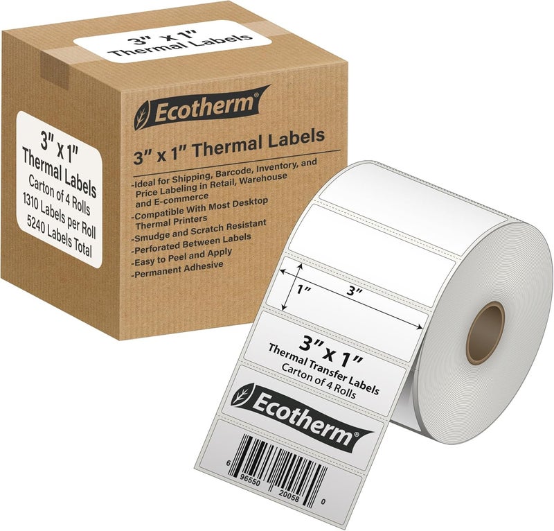 Ecotherm 3" x 1" Thermal Labels | 4 Rolls | 5240 Labels | fits Zebra, Munbyn, Rollo, Godex, Arkscan, iDPRT, Offnova Thermal Label Printers and More | Blank White Adhesive Stickers by - Image 1