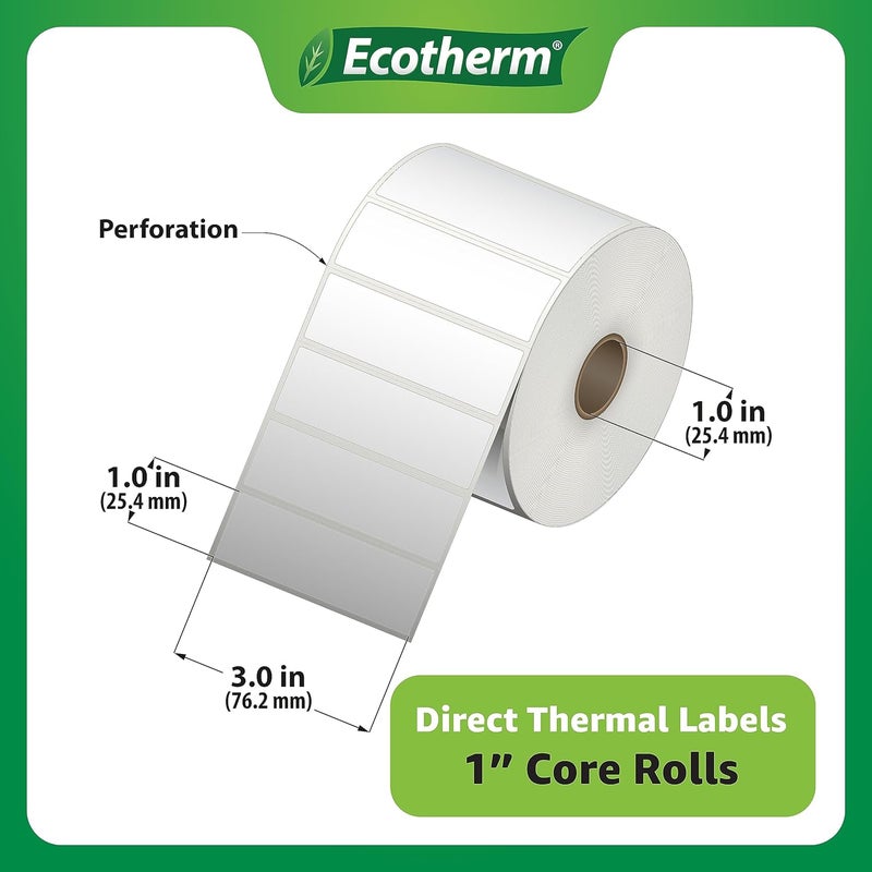 Ecotherm 3" x 1" Thermal Labels | 4 Rolls | 5240 Labels | fits Zebra, Munbyn, Rollo, Godex, Arkscan, iDPRT, Offnova Thermal Label Printers and More | Blank White Adhesive Stickers by - Image 2