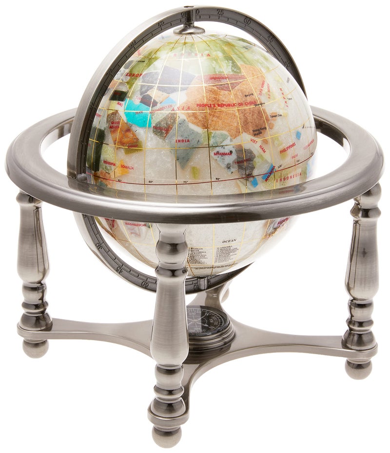 Unique Art 10Inch Tall Pearl Swirl Ocean Gemstone World Globe with 4 Leg Silver Standwhite