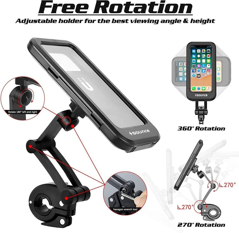 Sounce Bike Phone Mount Waterproof Cell Phone Holder 360 Rotation Motorcycle Smartphone Case Universal Bicycle Handlebar Sensitive Touch Screen Fit Below 4-7.2 Inches Smartphone (Black) - Image 2
