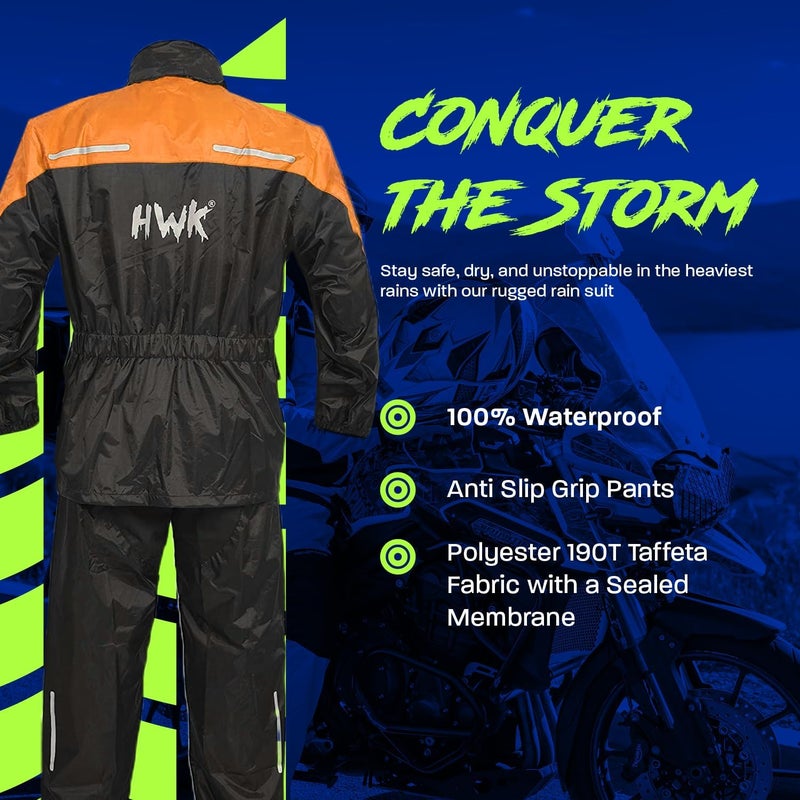 HWK Motorcycle Rain Suit for Men and Women, Two-Piece Waterproof Motorcycle Rain Gear with Reflective Jacket and Pants, All-Season Weatherproof Protection for Riding, Hi-Vis Orange, Small - Image 2