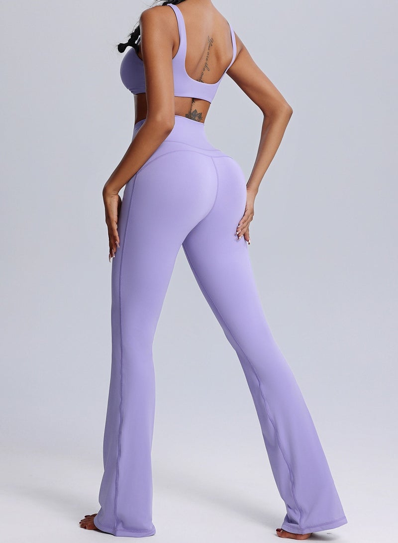Meilun Lavender High - Waisted Flared Yoga Pants with Cross - Over Waistband  - Image 2