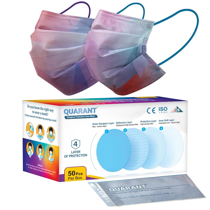 QUARANT Meltblown - Dual SMMS Fabric 4 Ply Designer Protective Face Mask with Nose Clip and Reusable Travel Pouch, Fashion That's Safe (Prism Combo, Pack of 50) for Unisex - Image 1