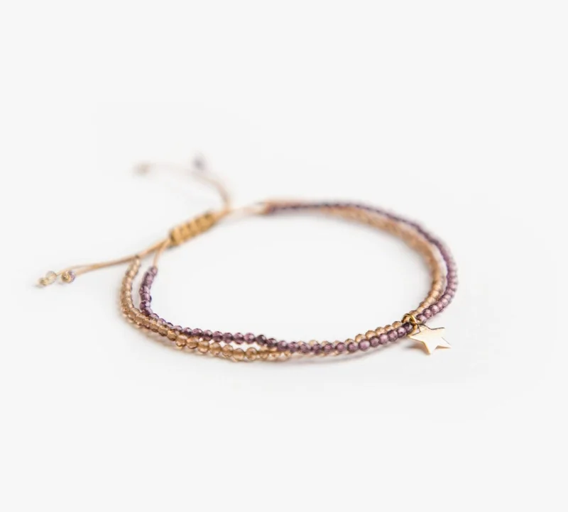 Minza  Minza “Lady Star” Women’s Gold Bracelet, Pure 18K Gold Star Charm, Amethyst & Citrine Stones, Handmade Adjustable Cord Bracelet, Jewelry for Casual & Special Occasion. for Women | Best Price UAE