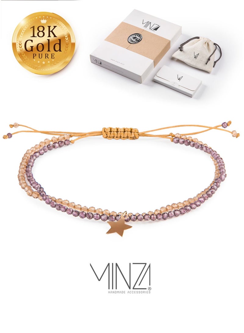 Minza “Lady Star” Women’s Gold Bracelet, Pure 18K Gold Star Charm, Amethyst & Citrine Stones, Handmade Adjustable Cord Bracelet, Jewelry for Casual & Special Occasion. - Image 1