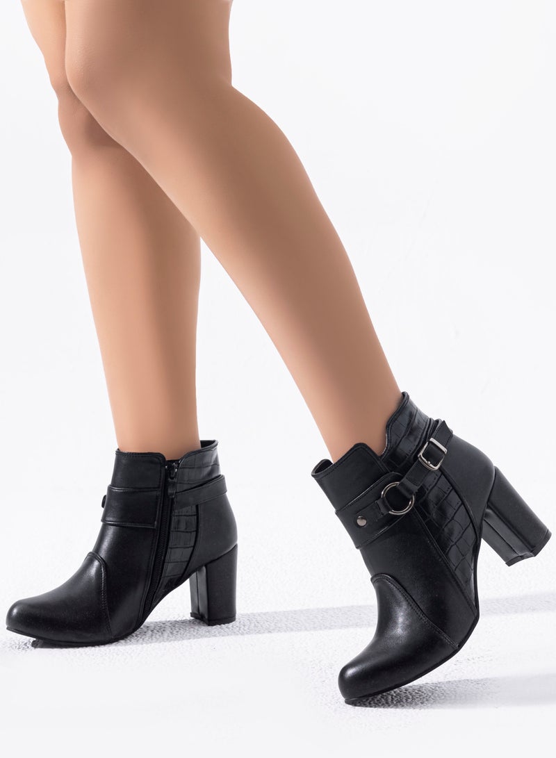 LIFESTYLISH Ankle Boot Heels Leather Elegant R-23 - Black 