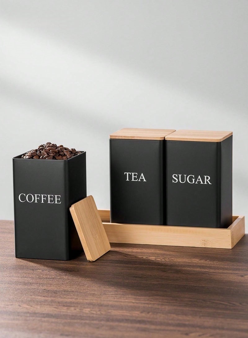 choxila 1pc Coffee Storage Can Tea Snacks Coffee Bean Storage Can Bamboo Lid Iron Art Display Square Can - Image 1