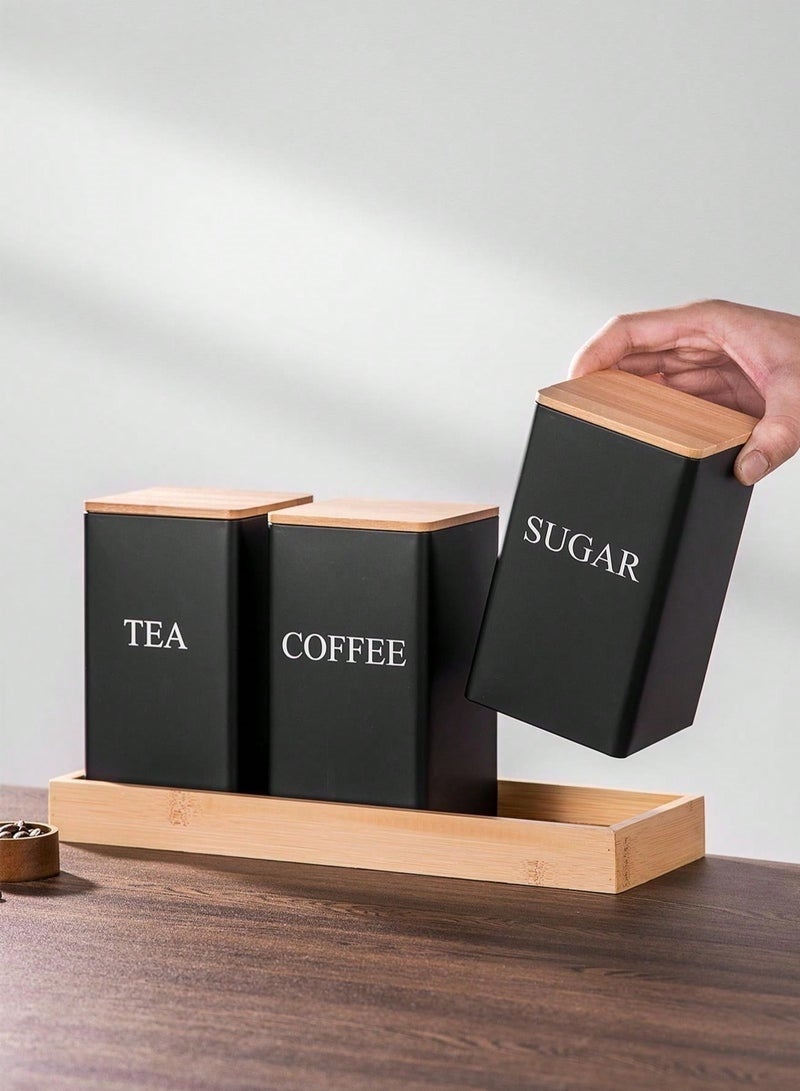 choxila 1pc Coffee Storage Can Tea Snacks Coffee Bean Storage Can Bamboo Lid Iron Art Display Square Can - Image 4