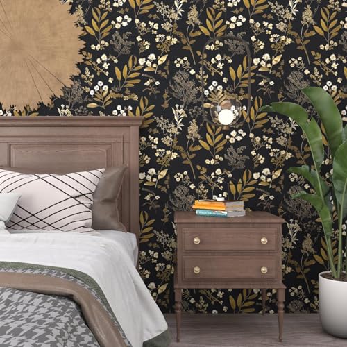 Laatse Vintage Wallpaper Peel and Stick Black Floral Wallpaper 17.5'' x 393'' Gold Leaf Contact Paper Vinyl Waterproof Self Adhesive Boho Botanical Wall Paper for Bedroom Shlef Cabinet Décor - Image 5