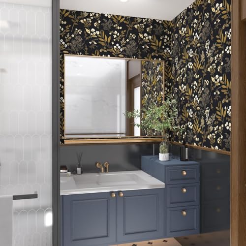 Laatse Vintage Wallpaper Peel and Stick Black Floral Wallpaper 17.5'' x 393'' Gold Leaf Contact Paper Vinyl Waterproof Self Adhesive Boho Botanical Wall Paper for Bedroom Shlef Cabinet Décor - Image 3