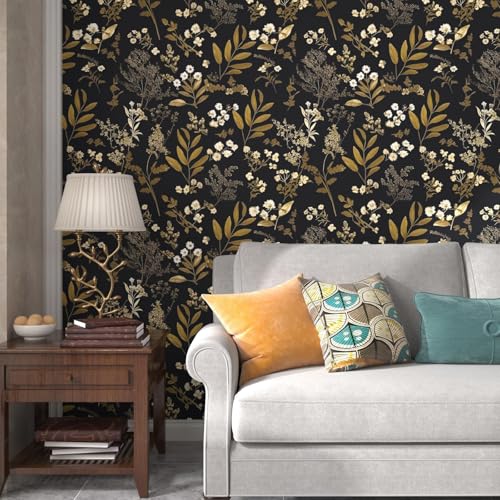 Laatse Vintage Wallpaper Peel and Stick Black Floral Wallpaper 17.5'' x 393'' Gold Leaf Contact Paper Vinyl Waterproof Self Adhesive Boho Botanical Wall Paper for Bedroom Shlef Cabinet Décor - Image 4