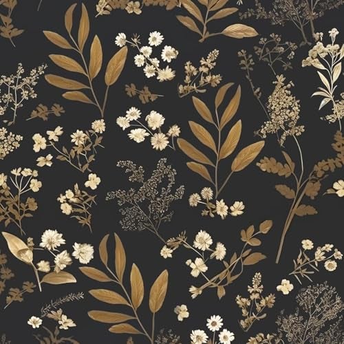 Laatse Vintage Wallpaper Peel and Stick Black Floral Wallpaper 17.5'' x 393'' Gold Leaf Contact Paper Vinyl Waterproof Self Adhesive Boho Botanical Wall Paper for Bedroom Shlef Cabinet Décor - Image 1
