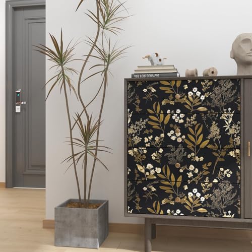 Laatse Vintage Wallpaper Peel and Stick Black Floral Wallpaper 17.5'' x 393'' Gold Leaf Contact Paper Vinyl Waterproof Self Adhesive Boho Botanical Wall Paper for Bedroom Shlef Cabinet Décor - Image 2