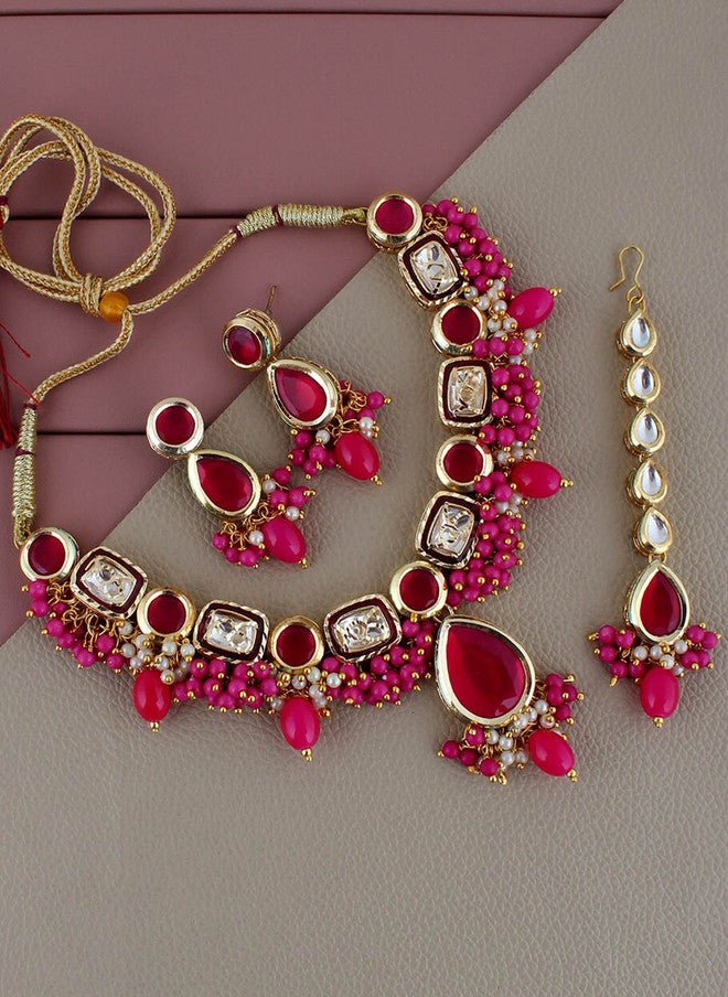 M/S LUCKY JEWELLERY مجموعة مجوهرات لUCKY 18 قيراط مطلية بالذهب مع كوندان مزينة ومزخرفة بالخرز - Image 1